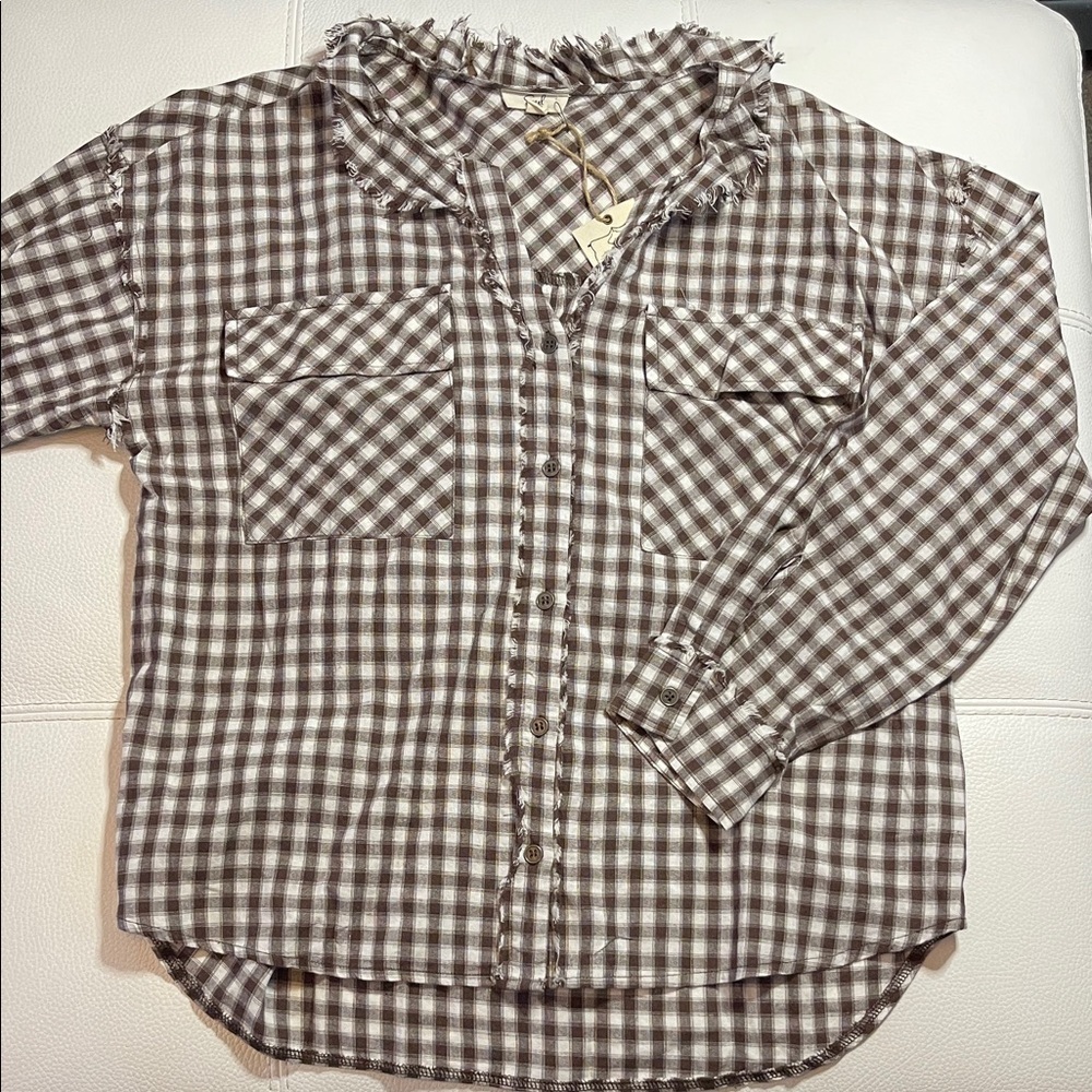 Easel Los Angeles Brown Gingham Frayed Button Down Top Size L NWT